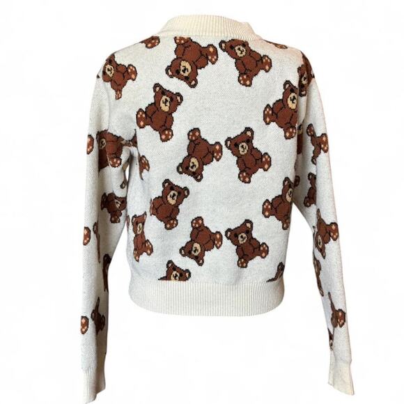 Cream Teddy Bear Knit Sweater Retro Kawaii Coquette Cute Novelty Size S - Picture 7 of 8